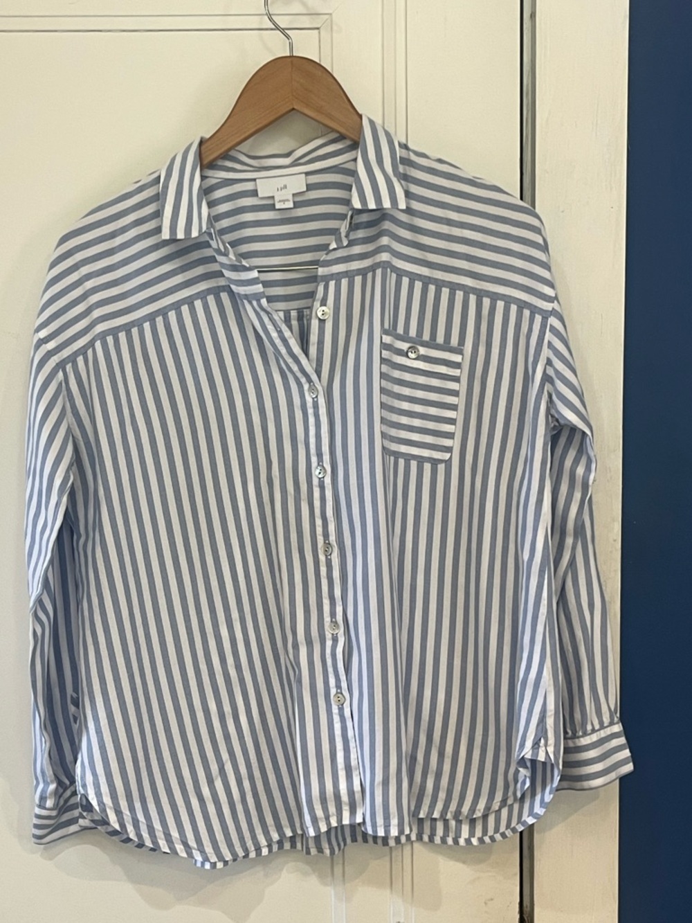 J. Jill Blue and White Striped Collared Shirt, Sz Small , 100% Tencel